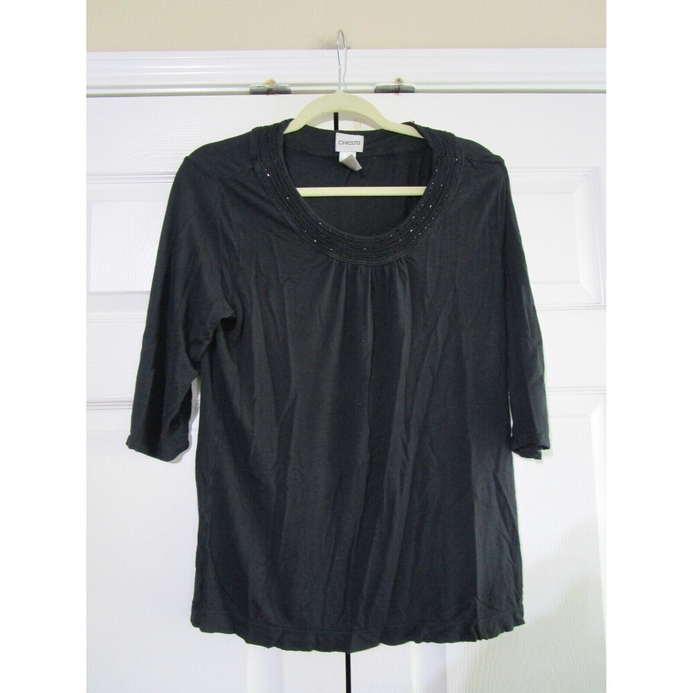 Chicos Womens Blouse Size Medium Black Beaded Round Neckline Short Sleeve